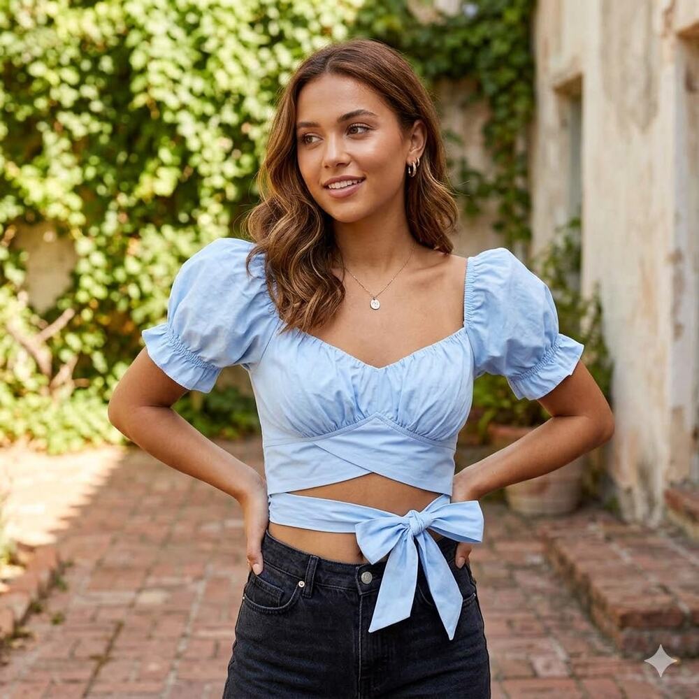 Europa The Label Light Blue Puff Sleeve Crop Top Size S Baby Doll YY2K